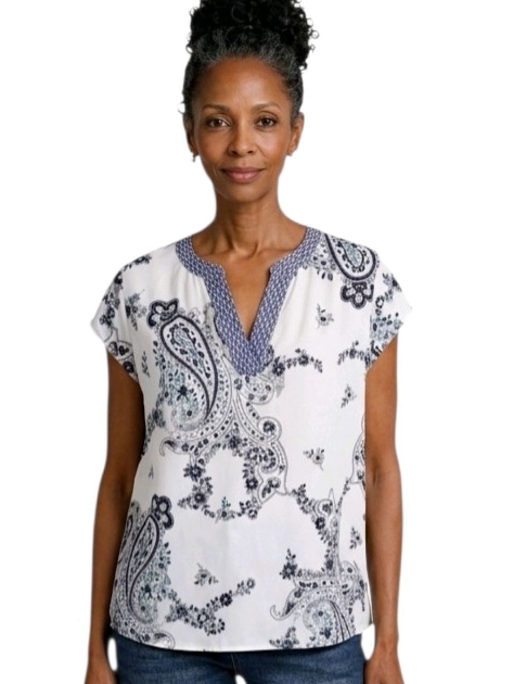 Liz Claiborne Blue Floral & Paisley Patterned V-neck Cap Sleeve Chiffon Blouse